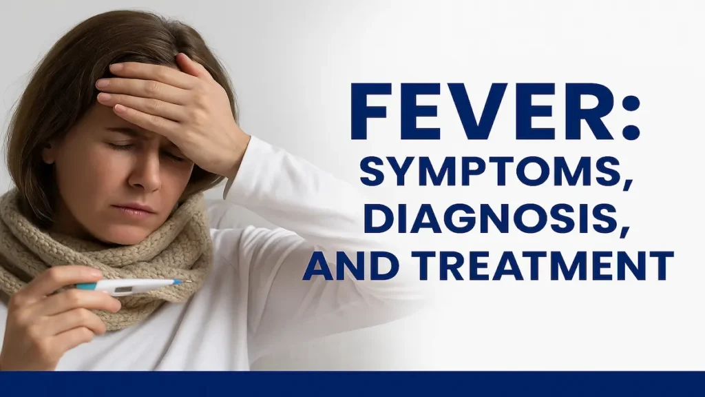 Woman checking thermometer with hand on forehead, showing signs of fever