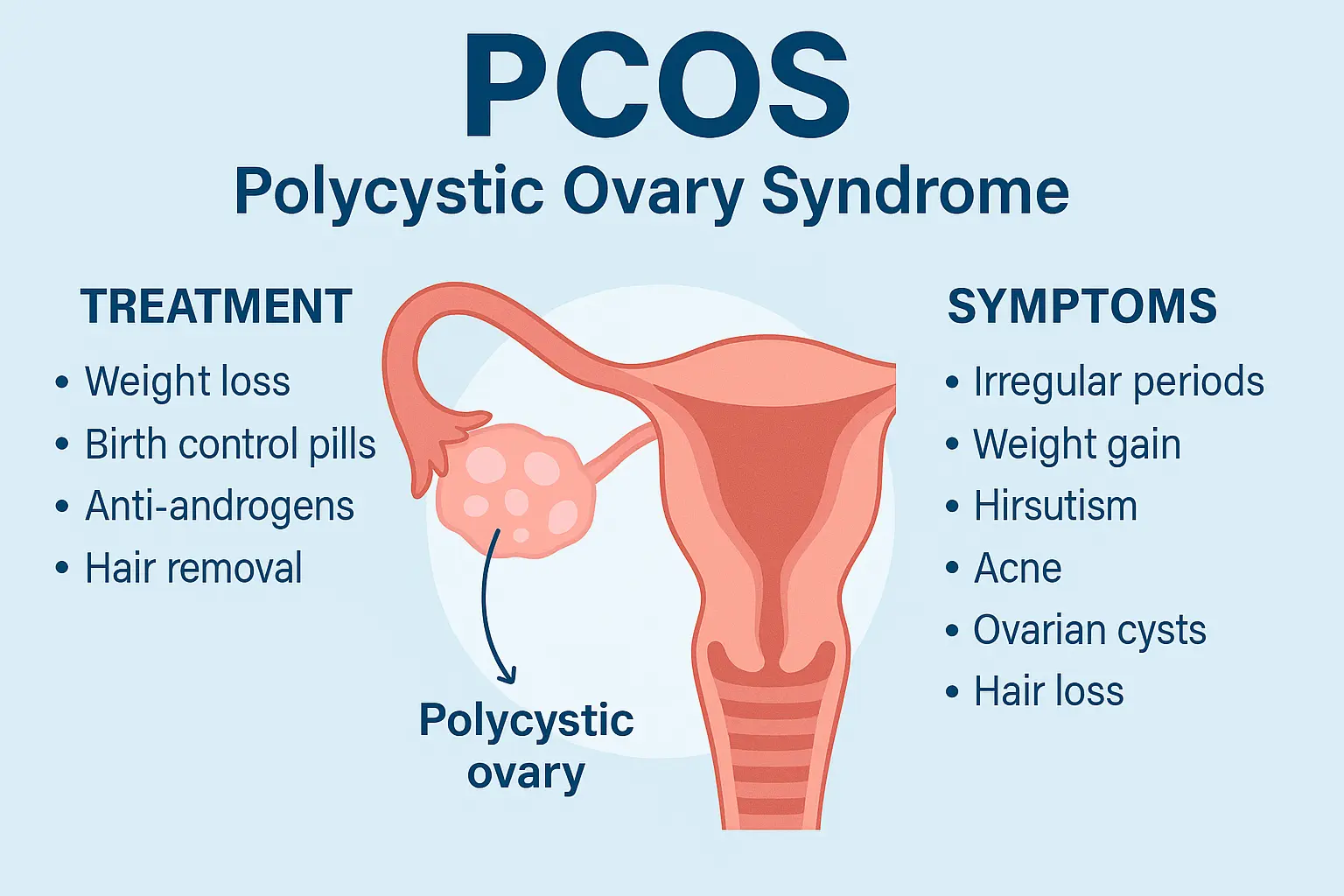 Infographic showing PCOS symptoms and treatments with a diagram of the female reproductive system.